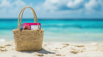 A beach bag with a travel insurance card peeking out, set on a sandy beach with a clear blue ocean in the background. Plenty of space for travel-related messages.