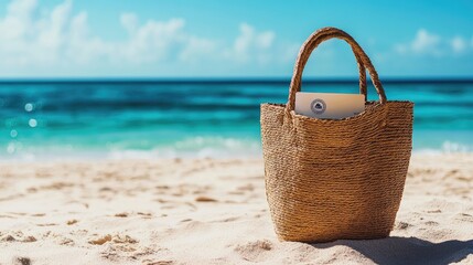 A beach bag with a travel insurance card peeking out, set on a sandy beach with a clear blue ocean in the background. Plenty of space for travel-related messages.