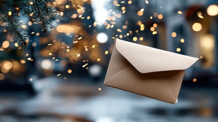 A striking view of a single vintage-styled envelope looping in the air surrounded by bright festive street decorations. The image captures a sense of wonder and celebration.