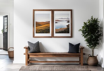 Wooden bench against white wall with poster frame. Ethnic farmhouse interior design of modern entrance hall