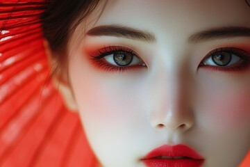 A close-up of a Japanese geisha's face, showcasing her intricate makeup and traditional attire. Her white-painted skin, bold red lips, and delicate eye details highlight her graceful, timeless beauty.