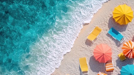 Naklejka premium A beach scene with colorful umbrellas and sun loungers, offering a vibrant and lively summer vibe with ample copy space.