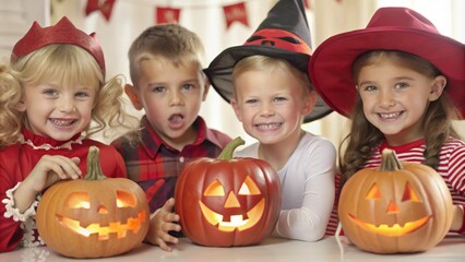 Fototapeta premium Group of Happy Children in Halloween Costumes with Carved Pumpkins
