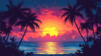 A beach scene with palm tree outlines framing the sunset, with the sky ablaze in color and the trees in silhouette.