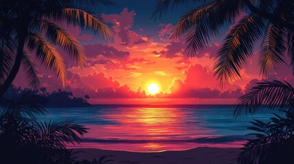 A beach scene with palm tree outlines framing the sunset, with the sky ablaze in color and the trees in silhouette.