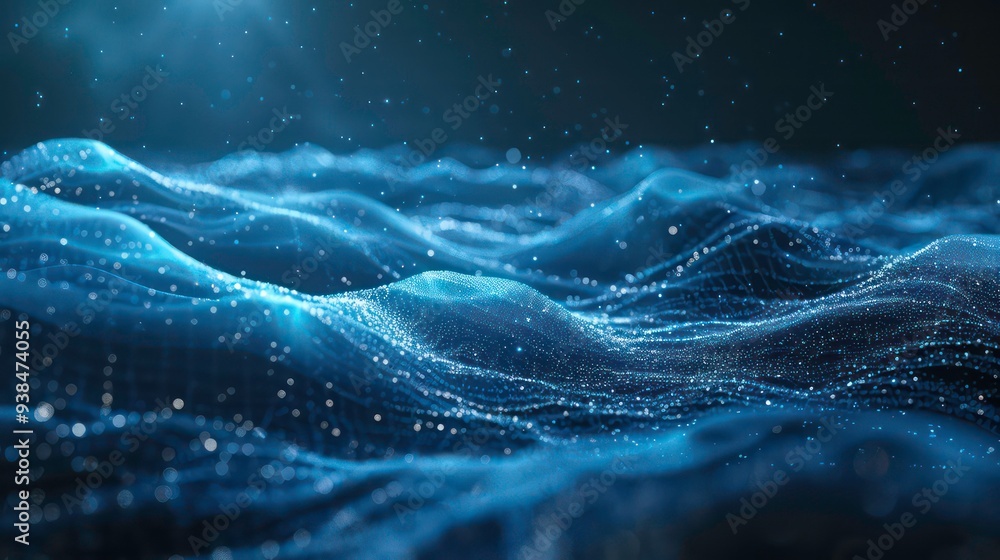 Poster abstract blue particles floating in dark background, creating a wave-like shape.