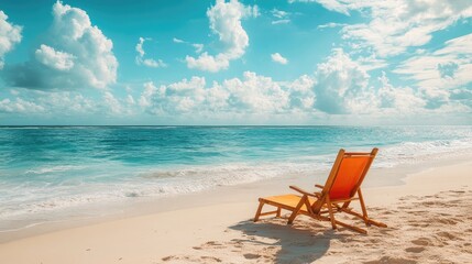 A beach with a sun lounger and a book, embodying relaxation and vacation mode. Ample space for text.