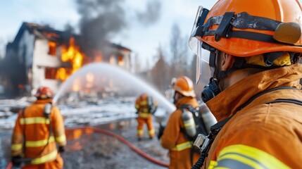 Firefighters working together intensely to extinguish a raging house fire, directing water streams from hoses, in a collaborative effort to save property and lives.