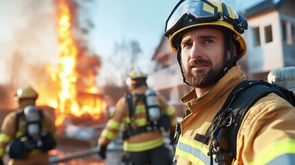 A firefighter in full gear, including helmet and jacket, stands in the foreground with a serious expression while his colleagues combat a large fire in the background of a residential area.