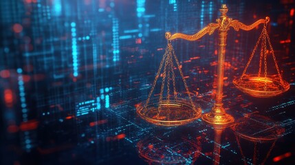 Data-focused legal scales on tech background