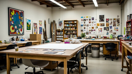 An art studio showcases vibrant artwork on walls and a spacious layout with wooden tables, chairs, and resources for collaborative artistic endeavors