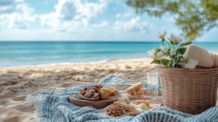 A beachside picnic setup with a blanket and snacks, representing the laid-back enjoyment of vacation. Clear space for text.