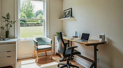 This inviting workspace features a stylish desk and chair positioned near a large window, allowing natural light to illuminate the area. The serene outdoor view adds tranquility