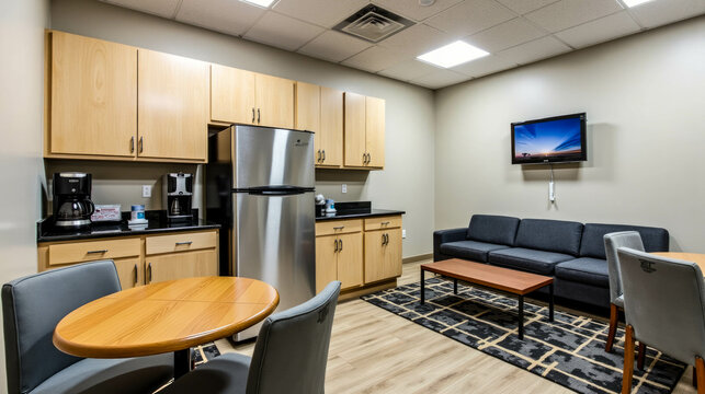 A contemporary kitchen and lounge area featuring wooden cabinets, a coffee station, and comfortable seating, designed for relaxation and social interaction