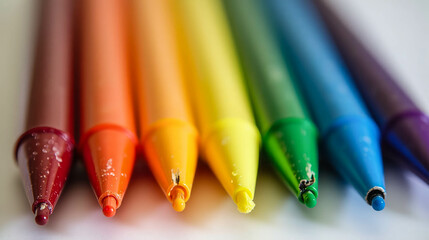 A variety of markers in shades of red, orange, yellow, green, blue, and purple are lined up neatly on a white background, ready for creative projects and artistic expression