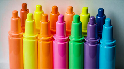 A variety of brightly colored markers are arranged in a row, displaying shades of pink, blue, green, yellow, orange, and purple, ideal for artistic endeavors