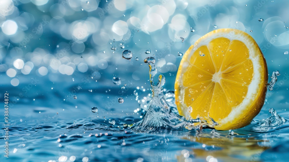 Sticker a slice of lemon falls into water with a splash.