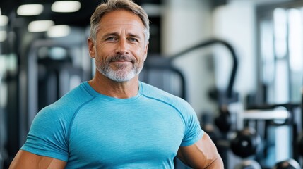 Fototapeta premium A middle-aged man looks content and muscular while posing after a workout session in the gym, representing physical fitness, health, and self-assurance.