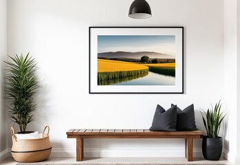 Wooden bench against white wall with poster frame. Ethnic farmhouse interior design of modern entrance hall