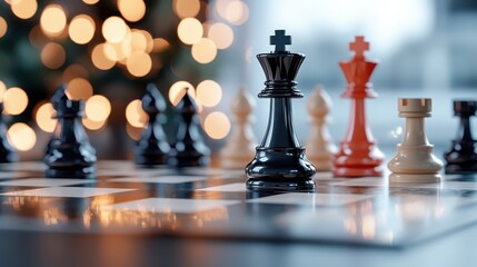 A beautifully lit chessboard with a close-up focus on the black and red king pieces, exemplifying the strategic elements of the game in an artistic style with bokeh lights.