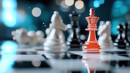 Red king chess piece stands out among blurred chess pieces on a chessboard, representing a tactical game atmosphere with strategic moves and mental challenge in focus.