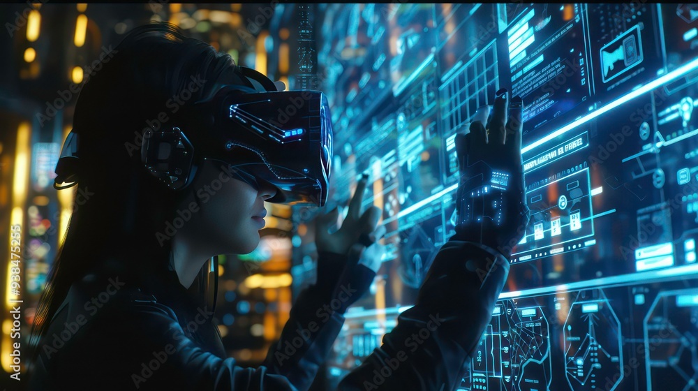 Poster a woman in a futuristic headset interacts with a digital display, navigating through data and inform