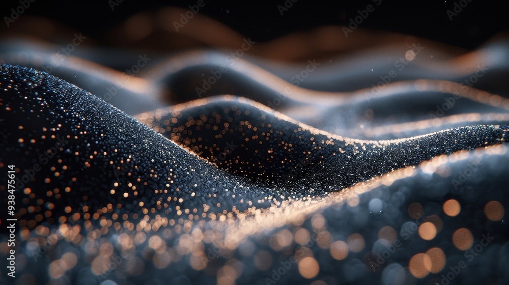 Poster shimmering waves of dark material highlighted with golden particles create an abstract visual effect