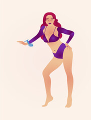 Cheerful Woman in Purple Bikini Leaning Forward in a Playful Pose, photo of a woman with wavy red hair wearing a purple athletic top and shorts, standing in a confident pose, digital art