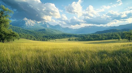 Fototapeta premium A lush green meadow with a backdrop of majestic mountains and a blue sky filled with fluffy white clouds.