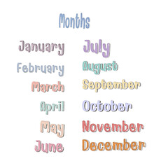 Months,colorful,3b, 12 months ,January ,February ,March ,April ,May ,June ,July, August, September,October,November, December