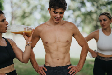 Group of friends taking a break from their outdoor workout to stay hydrated. Emphasis on fitness,...