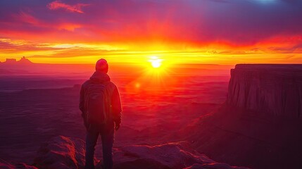 A dramatic sunset scene with a traveler at a national park in the USA, representing adventure and natural beauty. Clear space for copy.