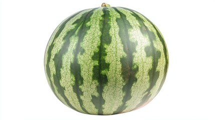 A whole green watermelon with a  green striped pattern isolated on white background.