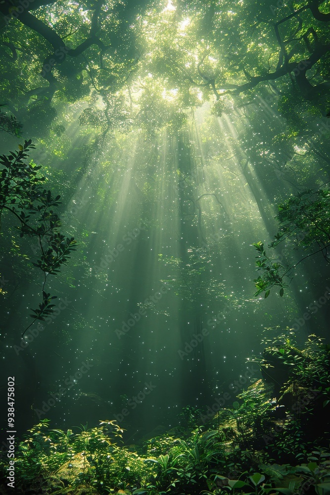 Poster sunlight filters through dense tree branches, illuminating the vibrant greenery below in a tranquil 