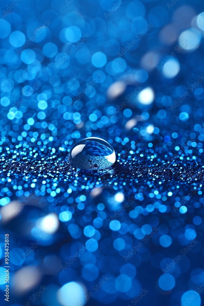 Poster a water droplet sits on a sparkling blue background, reflecting light and creating a captivating vis