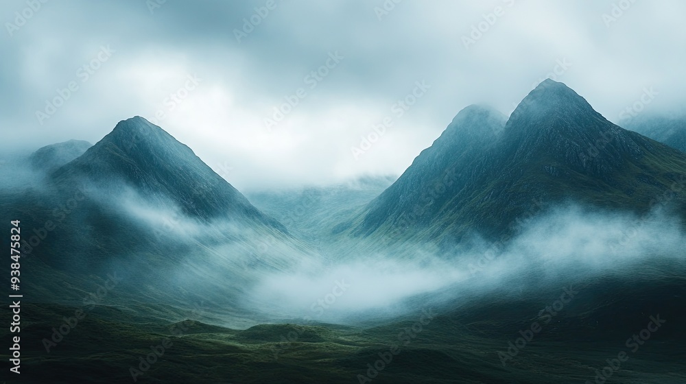Poster a dramatic view of mountains with a misty fog rolling in, capturing the mysterious and awe-inspiring