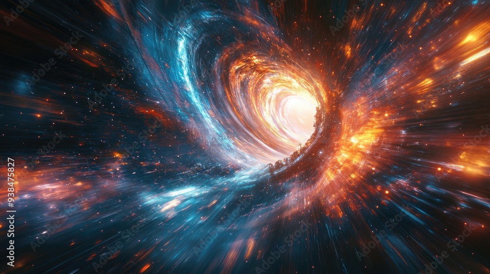 Poster a dramatic visual of a spacecraft entering hyperspace with streaks of light and swirling colors. amp
