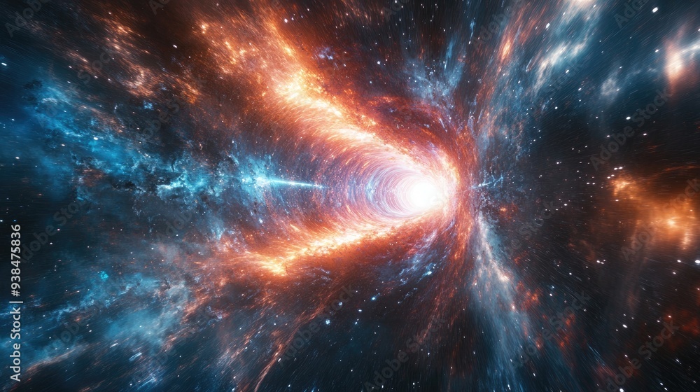 Poster a dramatic visual of a spacecraft entering hyperspace with streaks of light and swirling colors. amp