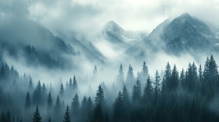 Obraz premium A dramatic view of mountains with a misty fog rolling in, capturing the mysterious and awe-inspiring aspect of nature with ample copy space.