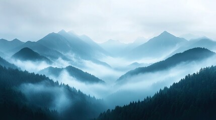A dramatic view of mountains with a misty fog rolling in, capturing the mysterious and awe-inspiring aspect of nature with ample copy space.