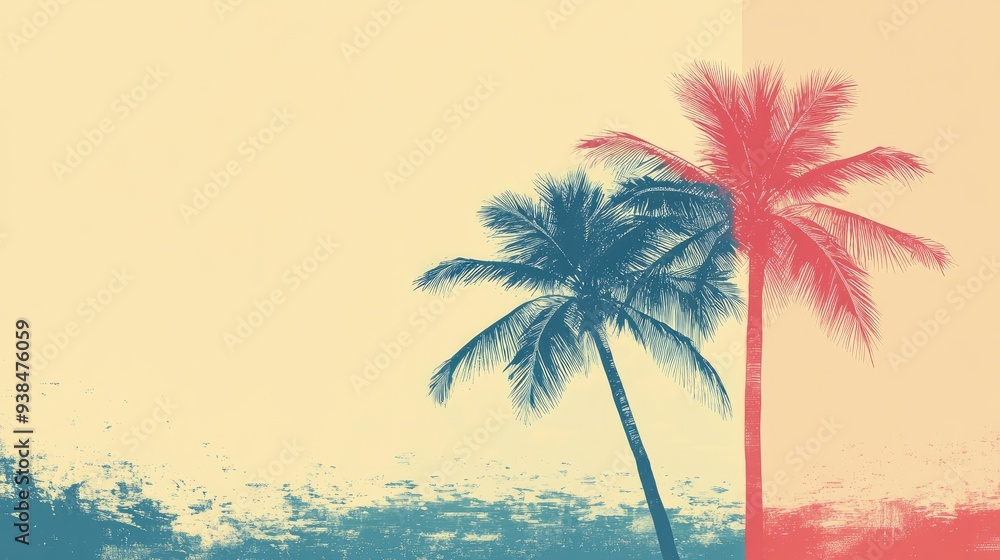 Poster a duo-tone palm tree outline with contrasting colors, creating a striking visual effect against a si