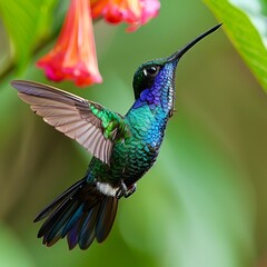 A hummingbird hovers gracefully in front of blooming flowers, showcasing its iridescent feathers in a lush, tropical setting.