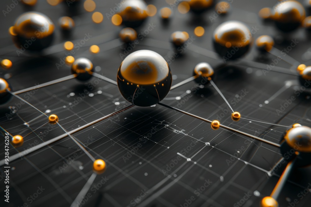 Poster golden spheres connected by thin lines create an abstract depiction of molecular structures on a dar