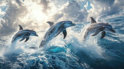 Fototapeta premium A dynamic shot of a pod of dolphins leaping out of the ocean, with the sun shining and water splashing around them.