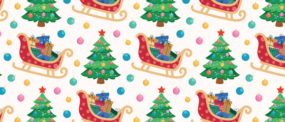 Seamless Christmas or New Year background with tree, Santa's sleigh and gifts.