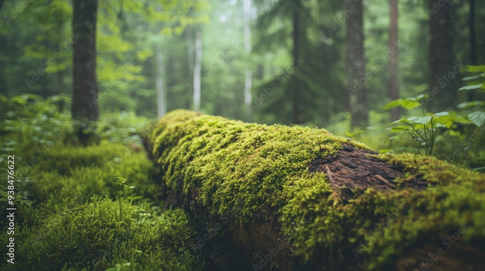 Poster a fallen tree covered in moss, lying across a forest floor, creating a rich and natural image perfec