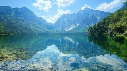 Fototapeta premium Scenic mountain reflection in a glassy lake ideal for tranquil nature-themed background images