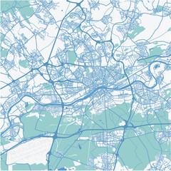 Map of Frankfurt in Germany in blue. Contains layered vector with roads water, parks, etc.