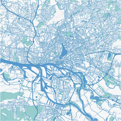 Map of Hamburg in Germany in blue. Contains layered vector with roads water, parks, etc.