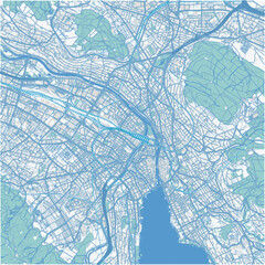 Map of Zurich in Switzerland in blue. Contains layered vector with roads water, parks, etc.